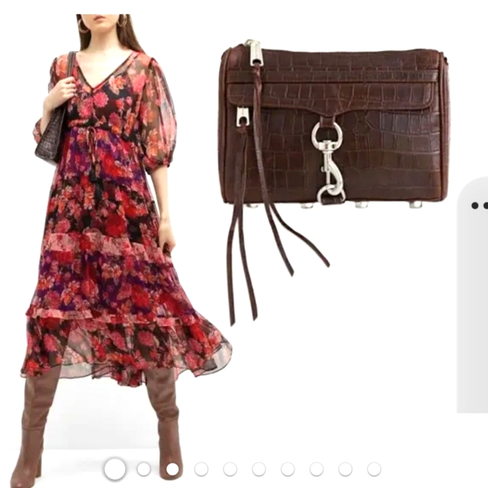 Rebecca Minkoff Edie embossed crocodile shoulder bag brown & gold hardware GUC !